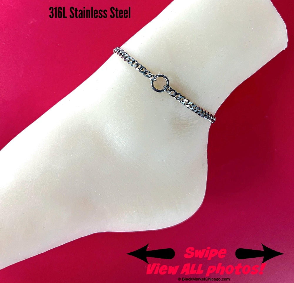 silver sub day collar ankle bracelet with a center ring; Stainless Steel 24/7 wear; sparkly 5mm curb chain; waterproof lock option