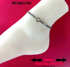 silver sub day collar ankle bracelet with a center ring; Stainless Steel 24/7 wear; sparkly 5mm curb chain; waterproof lock option