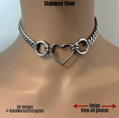 Sub Day Collar, Heart, 2 Rings, Chain, ALL Stainless Steel, Choker Collar Necklace, Waterproof Lock option