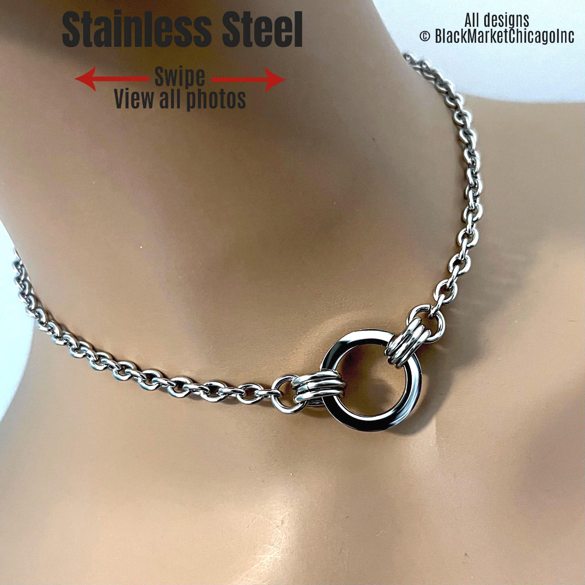 Discreet O-Ring Day Collar, 24-7 Wear, Permanent Locking OPTION, Stainless Steel Cable Chain