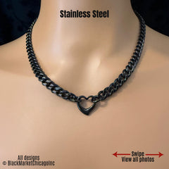 Black Chain Sub Day Collar, or Elegant Mistress Necklace, 24/7 Wearable with Permanent Lock Option, Stainless Steel, Heart Pendant