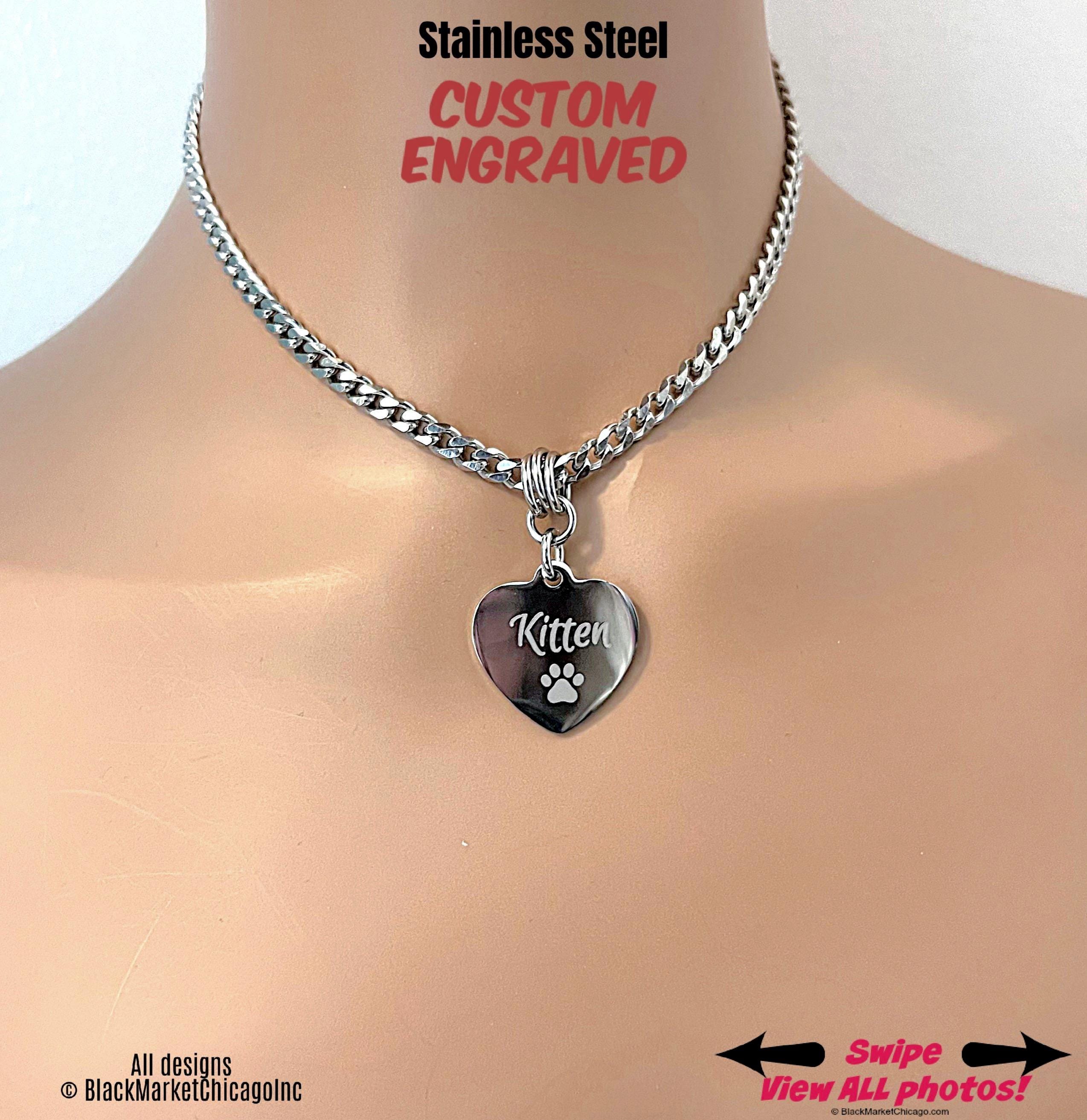 Sub Collar, Custom Engraved. Permanent Lock option, Heart Pendant, All Stainless Steel