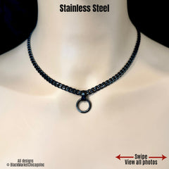 Submissive Day Collar, Black Curb Chain with Ring, 24/7 Locking Option, Stainless Steel