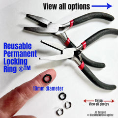Reusable permanent locking ring clasps in stainless steel for jewelry; necklaces and bracelets; no hassle hex lock alternative; no tiny screws or springs; opens and closes with 2 pairs of jewelry pliers for easy on/off accessibility, but NOT openable with fingers; options include rings with pliers, just pliers, just rings.