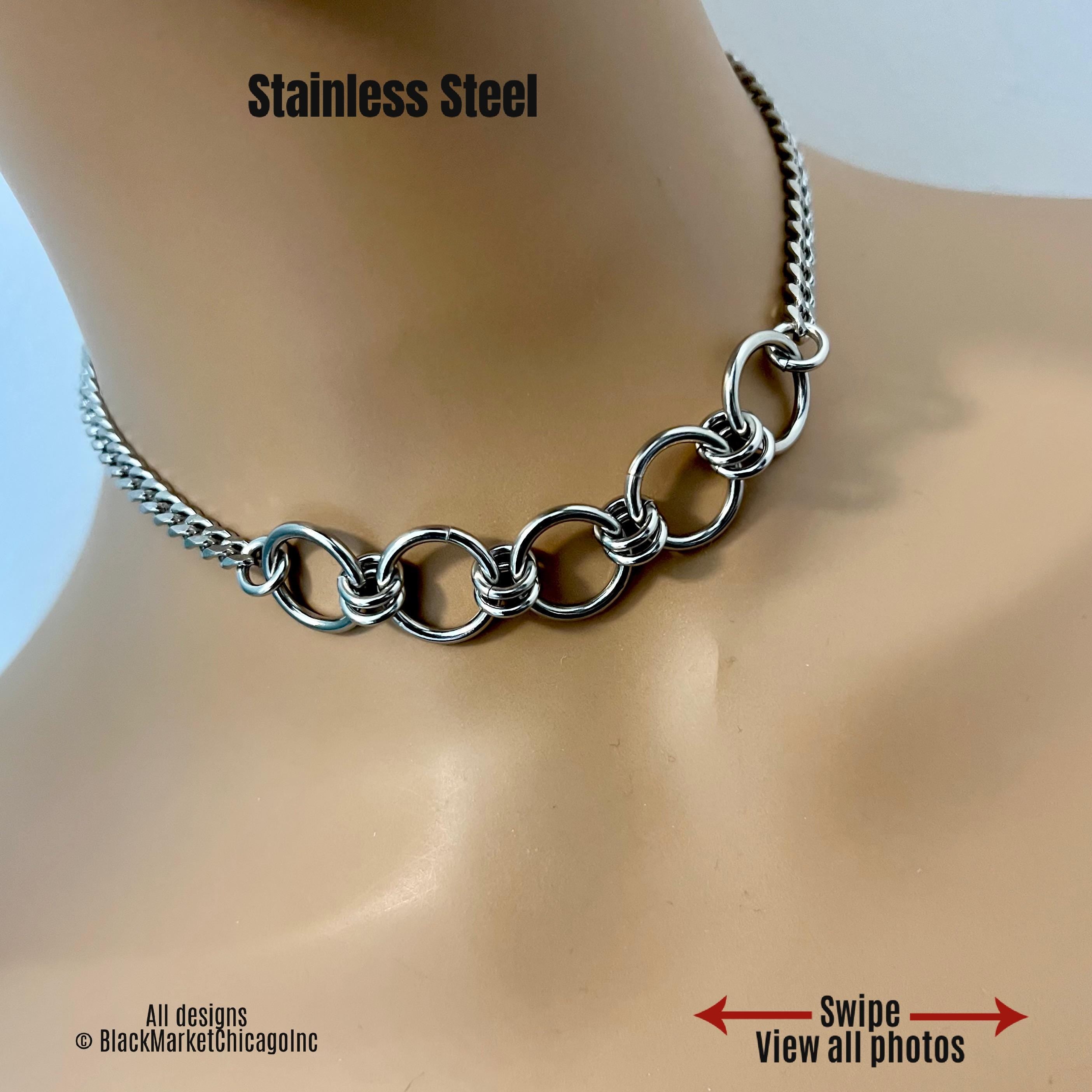 Permanently Locking Sub Day Collar or Mistress Necklace, Poly Family, SILVER Stainless Steel Chain, 24/7 Wear