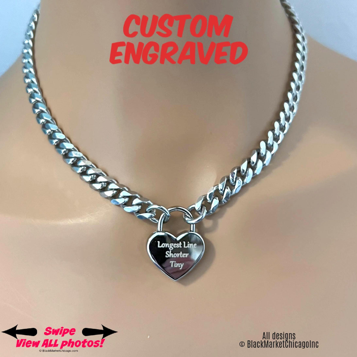 Sub Day Collar, Personalized Engraving, Nickel Heart Padlock, Stainless Steel Chain Necklace