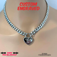 Sub Day Collar, Personalized Engraving, Nickel Heart Padlock, Stainless Steel Chain Necklace
