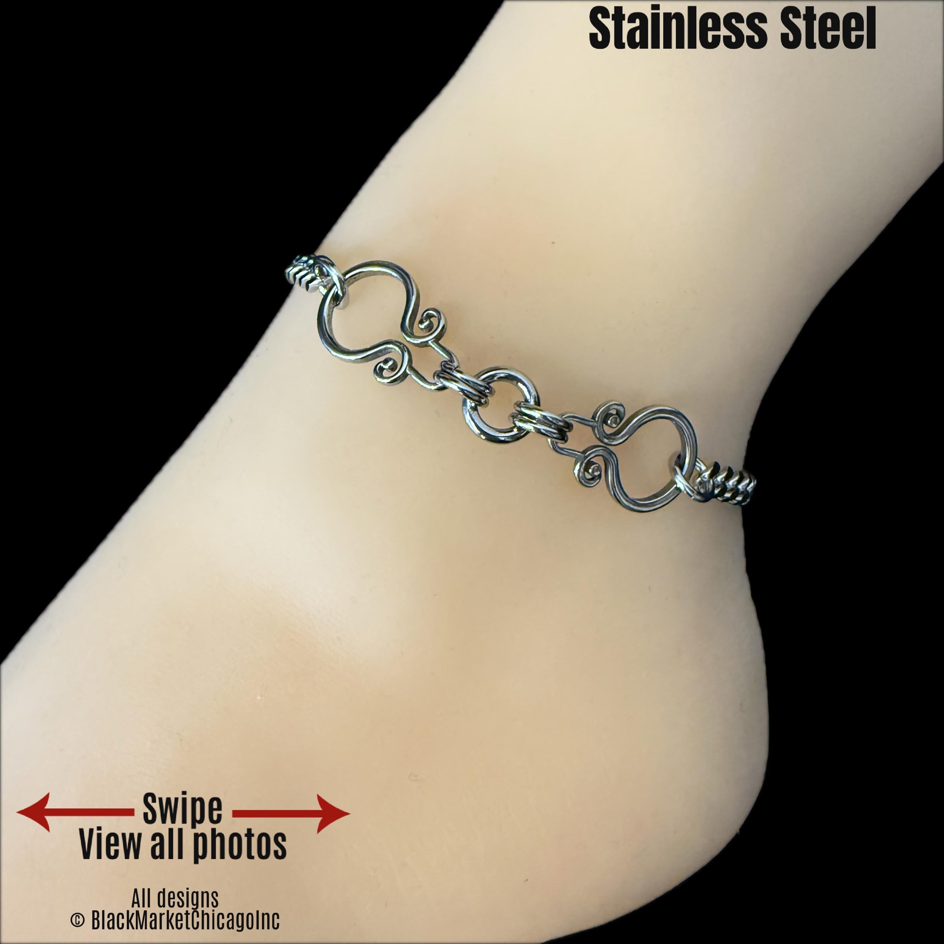 Goth Day Collar Ankle Bracelet, Silver Stainless Steel, 24/7 Wearable, Waterproof, Permanent Locking Clasp Option