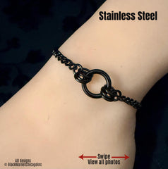 Sturdy, 24/7 day collar ankle bracelet, locking (or not), daily wear, discreet, dainty black stainless steel chain; 
features 6mm sparkly curb chain; all stainless steel thick, substantial rings and closure.