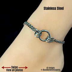 Sturdy, 24/7 day collar o-ring ankle bracelet, locking (or not), daily wear, discreet, dainty silver stainless steel chain; 
features 6mm sparkly curb chain; all stainless steel thick, substantial rings and closure.