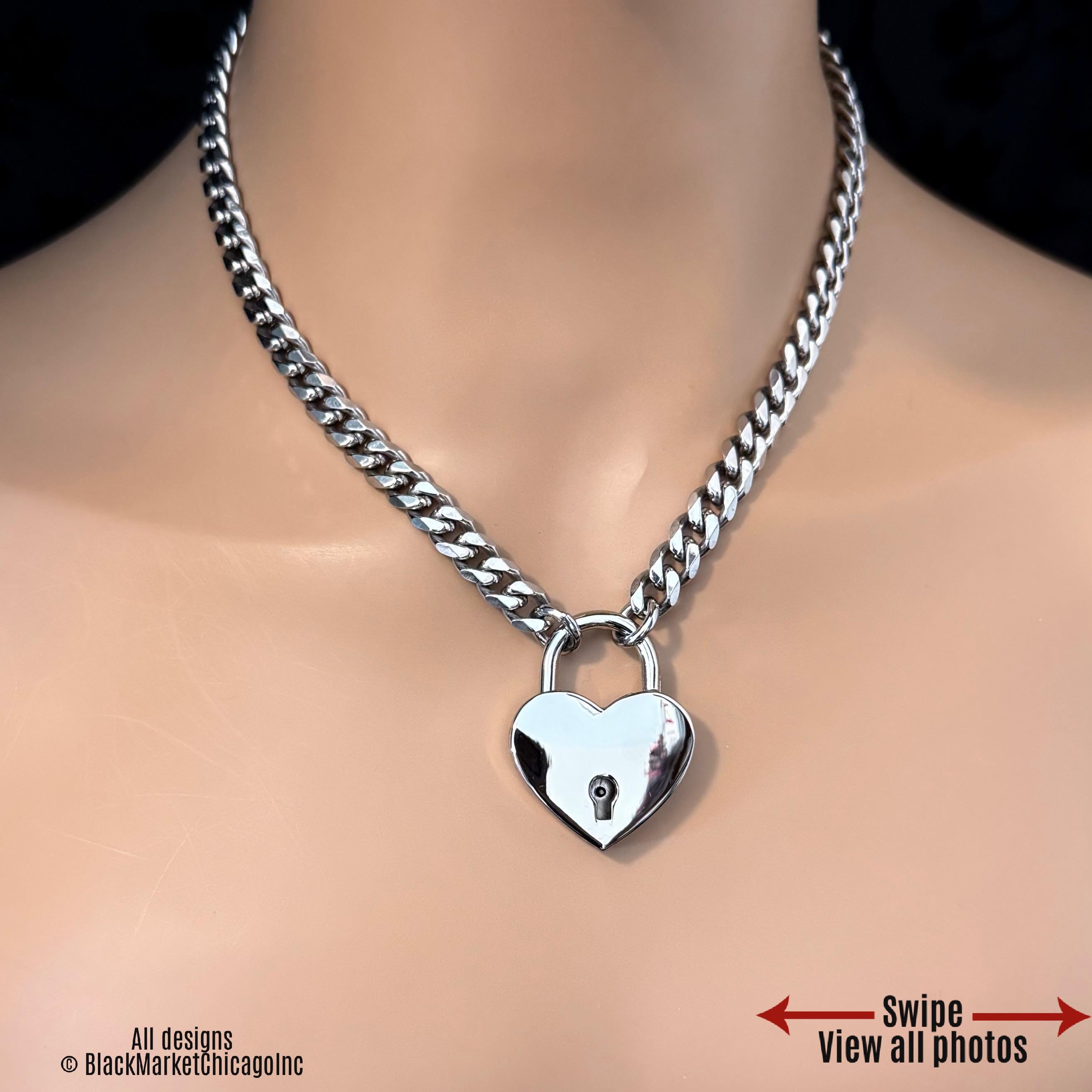 Heart Padlock & Chain Necklace, stainless steel chain