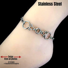 Goth Day Collar Ankle Bracelet, Silver Stainless Steel, 24/7 Wearable, Waterproof, Permanent Locking Clasp Option