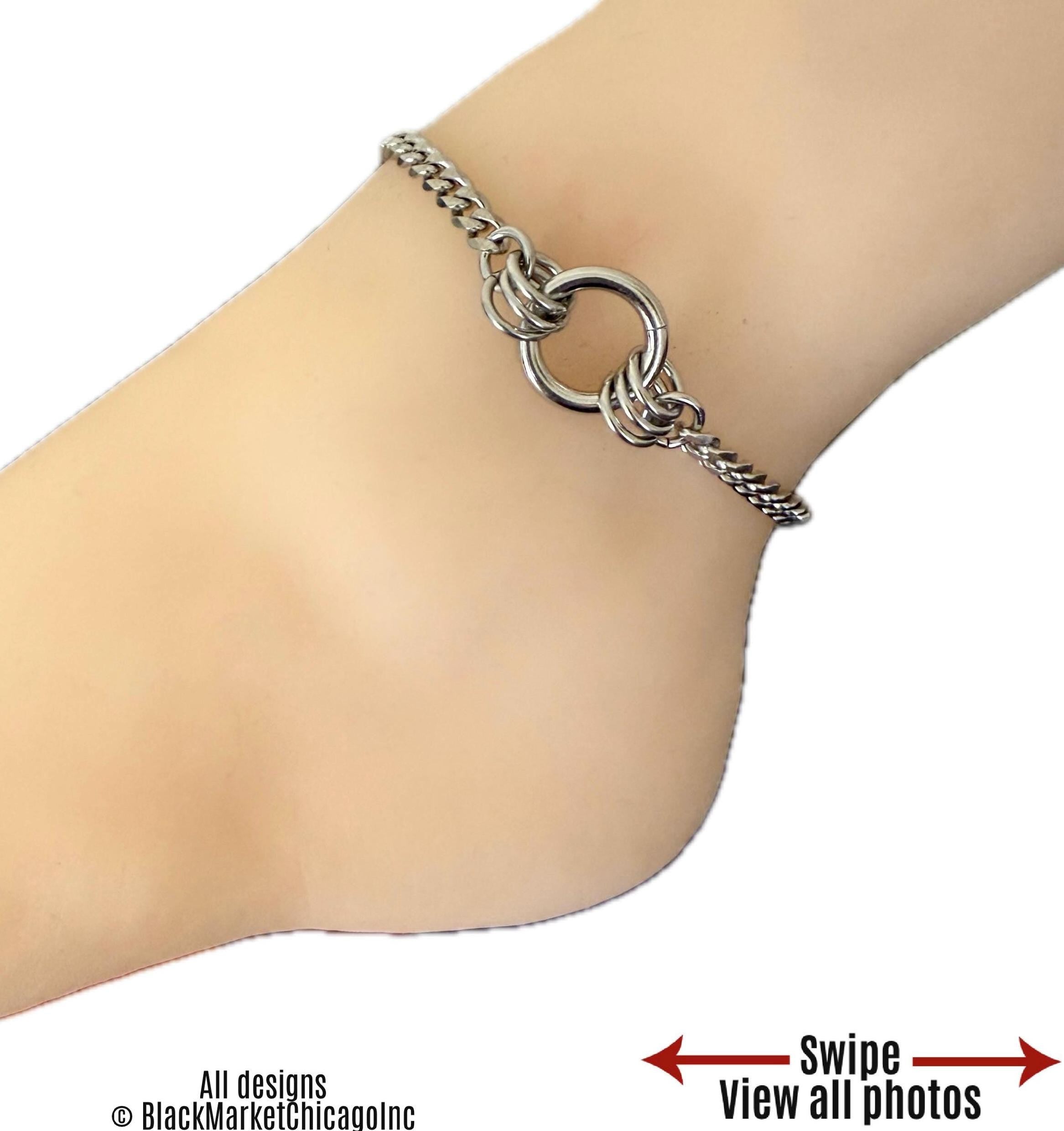 Day Collar 24/7 Ankle Bracelet, Stainless Steel, Waterproof, Multi-Rings, Permanent Lock Option, Silver SS