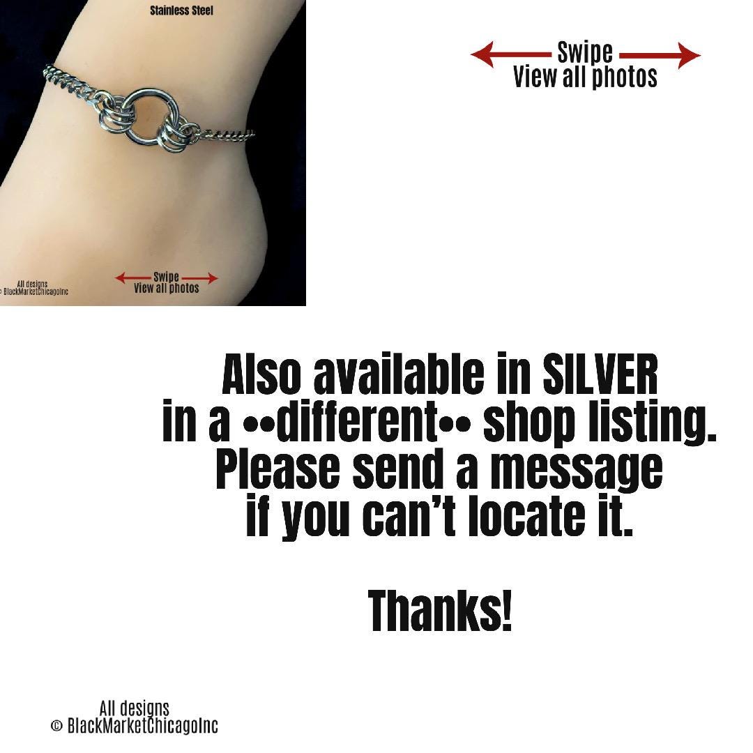 Day Collar 24/7 Ankle Bracelet, Stainless Steel, Waterproof, Multi-Rings, Permanent Lock Option, BLACK SS