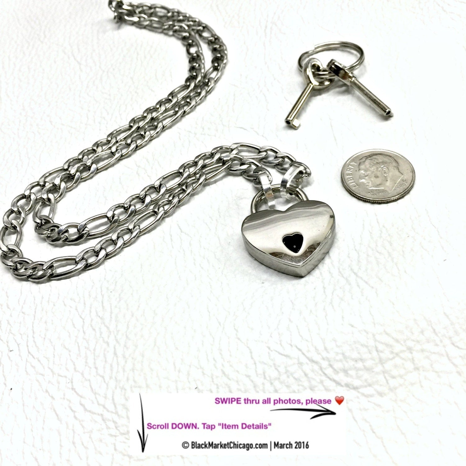 Submissive Day Collar 316L Stainless Steel FIGARO Dainty Chain with Smallest Mini HEART Padlock Closure Submissive Necklace
