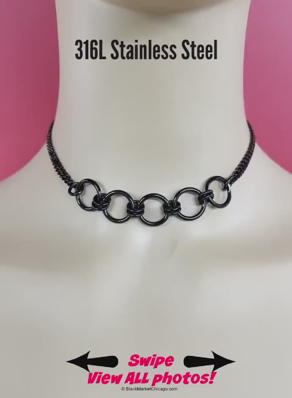 5-Ring Day Collar, BLACK Stainless Steel, 24/7 Waterproof, Lock option