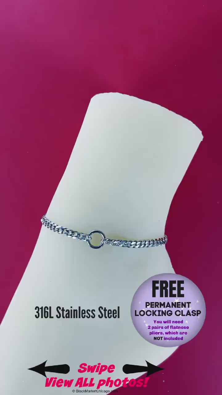 Sub Ankle Day Collar Bracelet, O-Ring, 24-7 Chain Waterproof, Permanent Clasp option