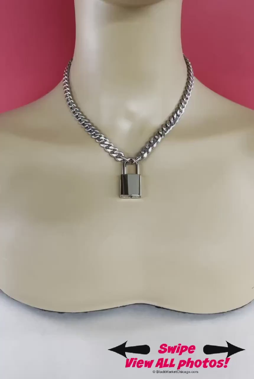 Sub Day Collar, Stainless Chunky Chain, NICKEL Square Padlock