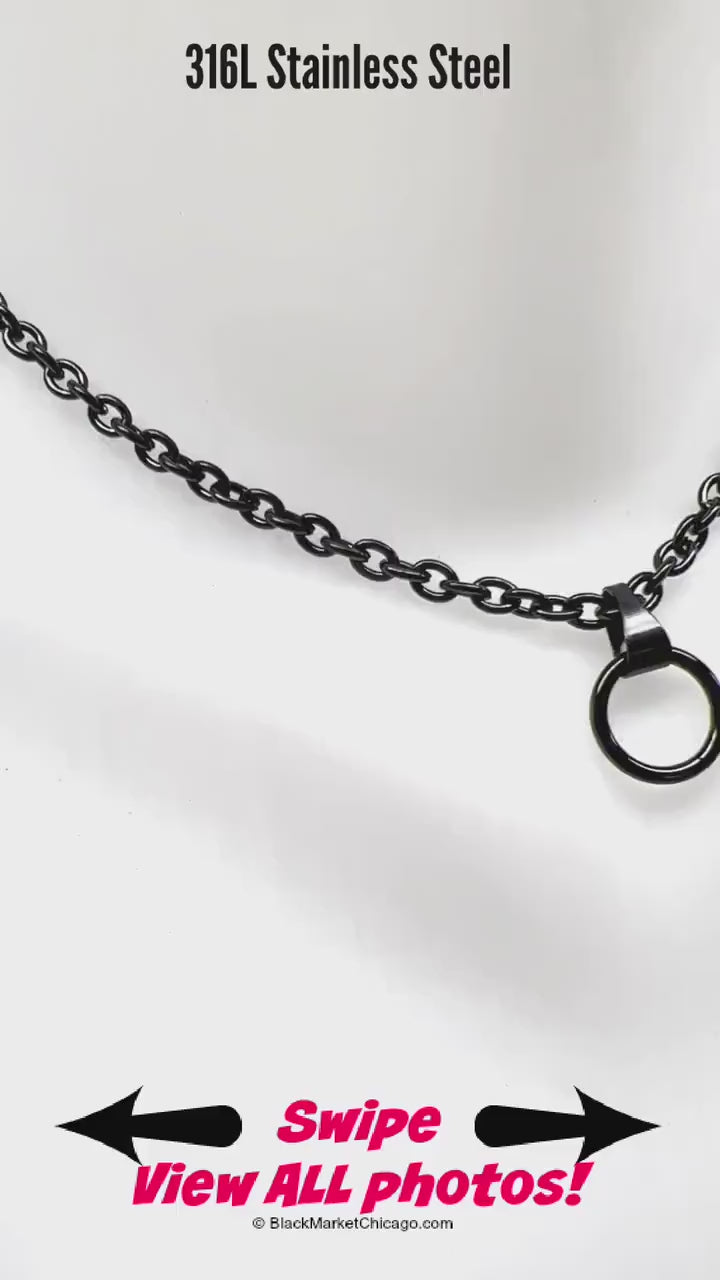 Dainty Chain BDSM Sub Day Collar, Permanent Clasp Option, O-Ring, BLACK Stainless Steel